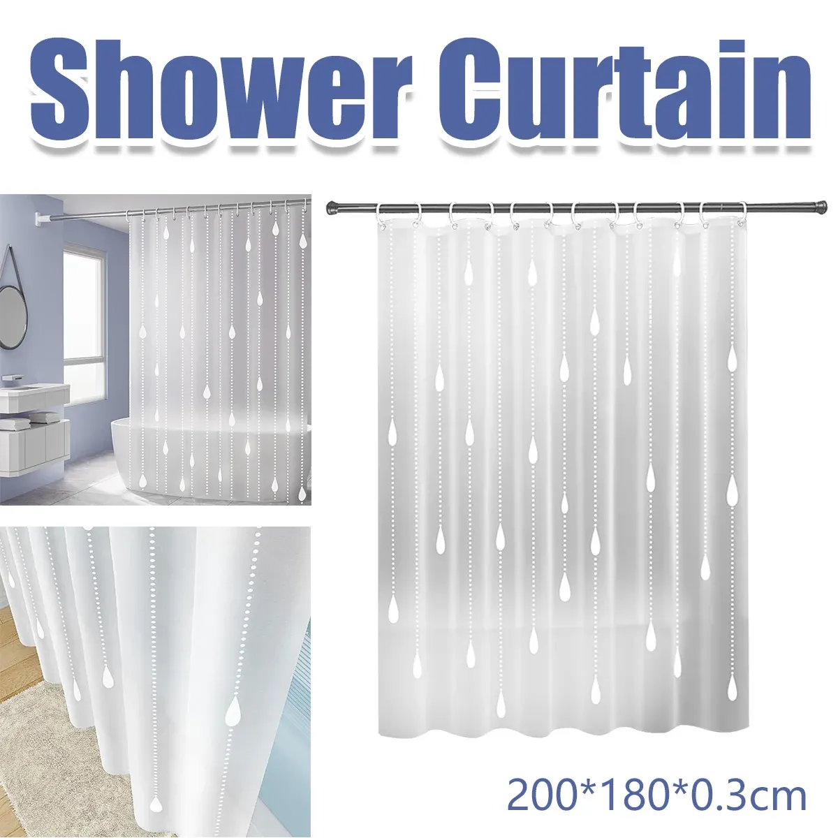 Shower Curtain Waterproof Quick-Dry Drill-Free with Hooks 200 × 180cm