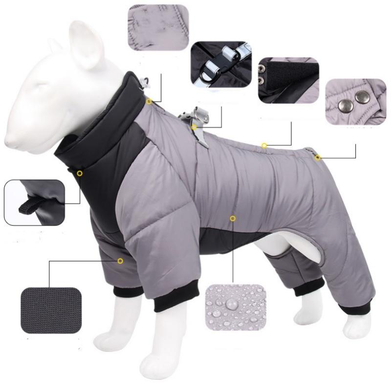 M Size Grey Winter Waterproof Dog 4 Leg Jumpsuit for Full Body Warmth - Reflective Windproof Pet Puffer Coat with Integrated Harness — image 2