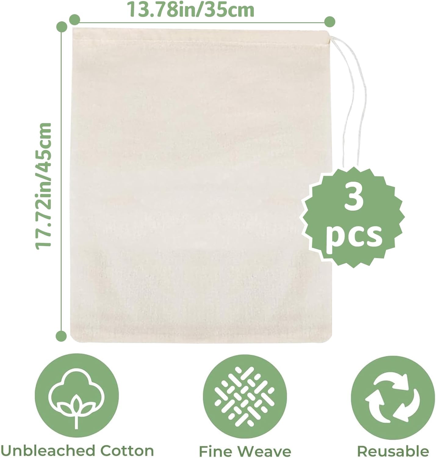 Nut Milk Bags, 3 Pack Cheesecloth Bags Filter, 13.78 x 17.72 in, Unbleached Cotton Muslin Cloth Bags for Cheese, Tea, Yogurt, Nut Milk, Juice, Wine, Coffee โ image 2