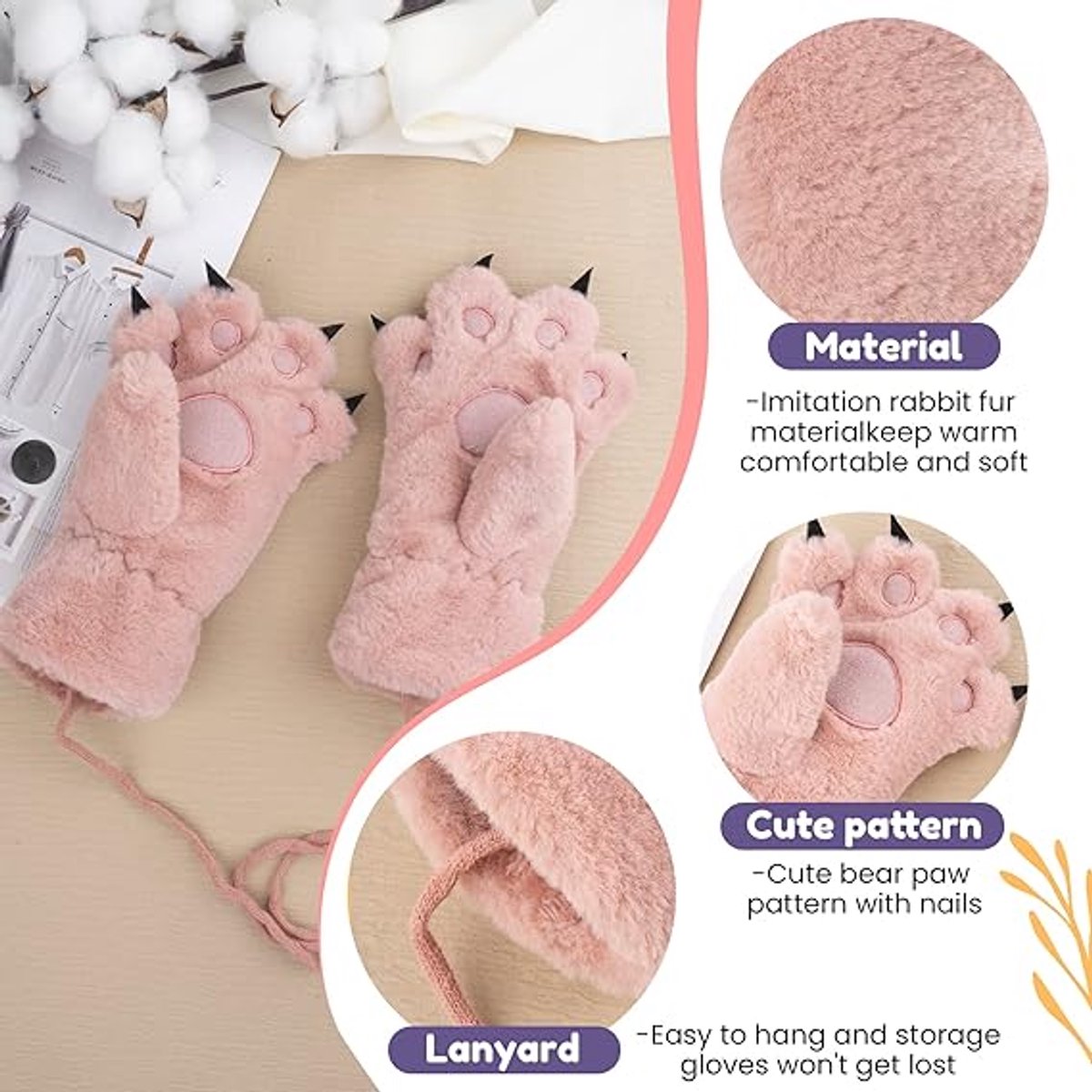 Gloves - 1 pair - Winter gloves - Cartoon gloves - Neckband - Children's gloves - Warm gloves - Plush gloves - One size(Pink) — image 4