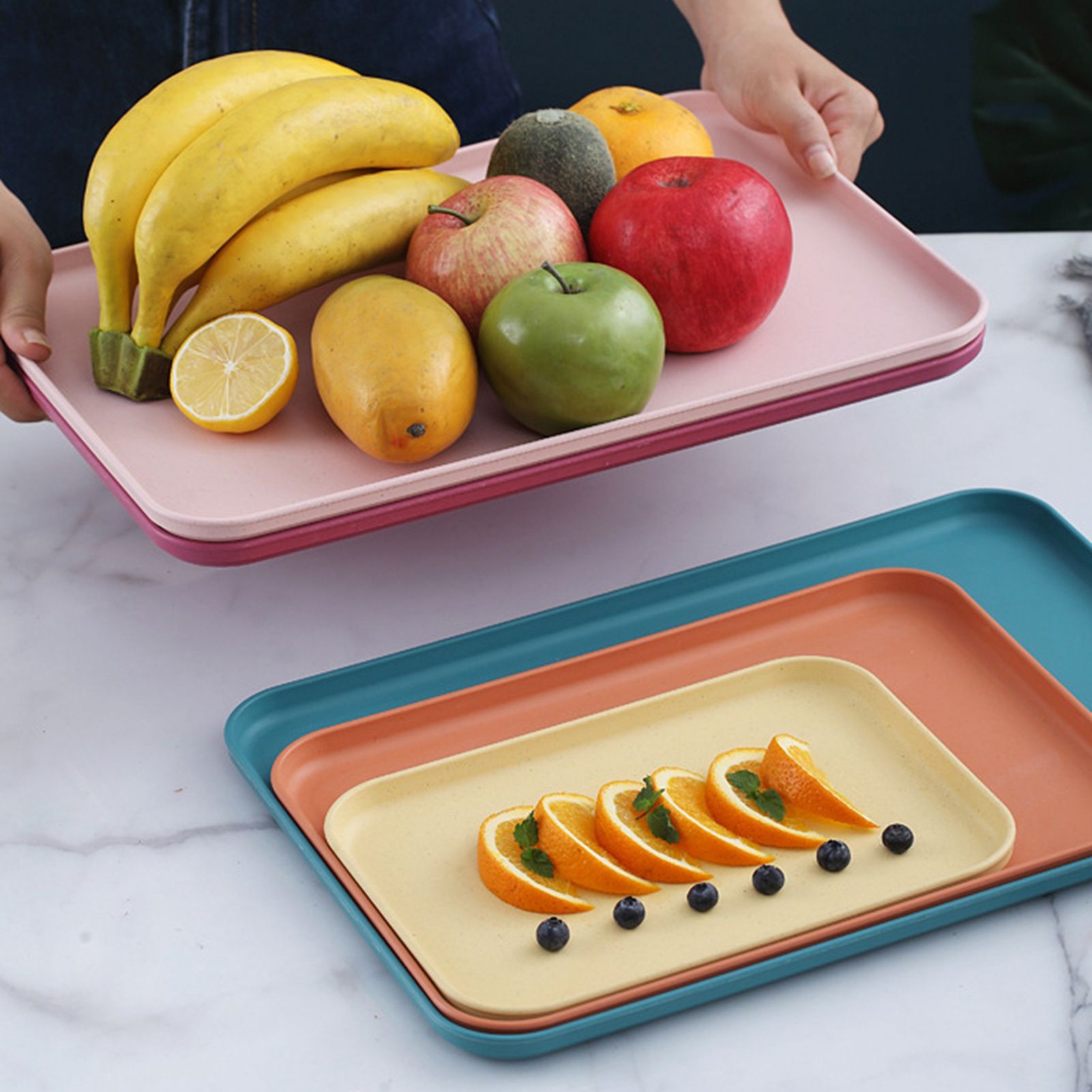 Kitchen Serving Tray Wheat Straw Rectangular Nordic Style Cupcake Fruit Snack Tea Tray for Home Office Restaurant Light Green S (Approx. 25x17cm / — image 3