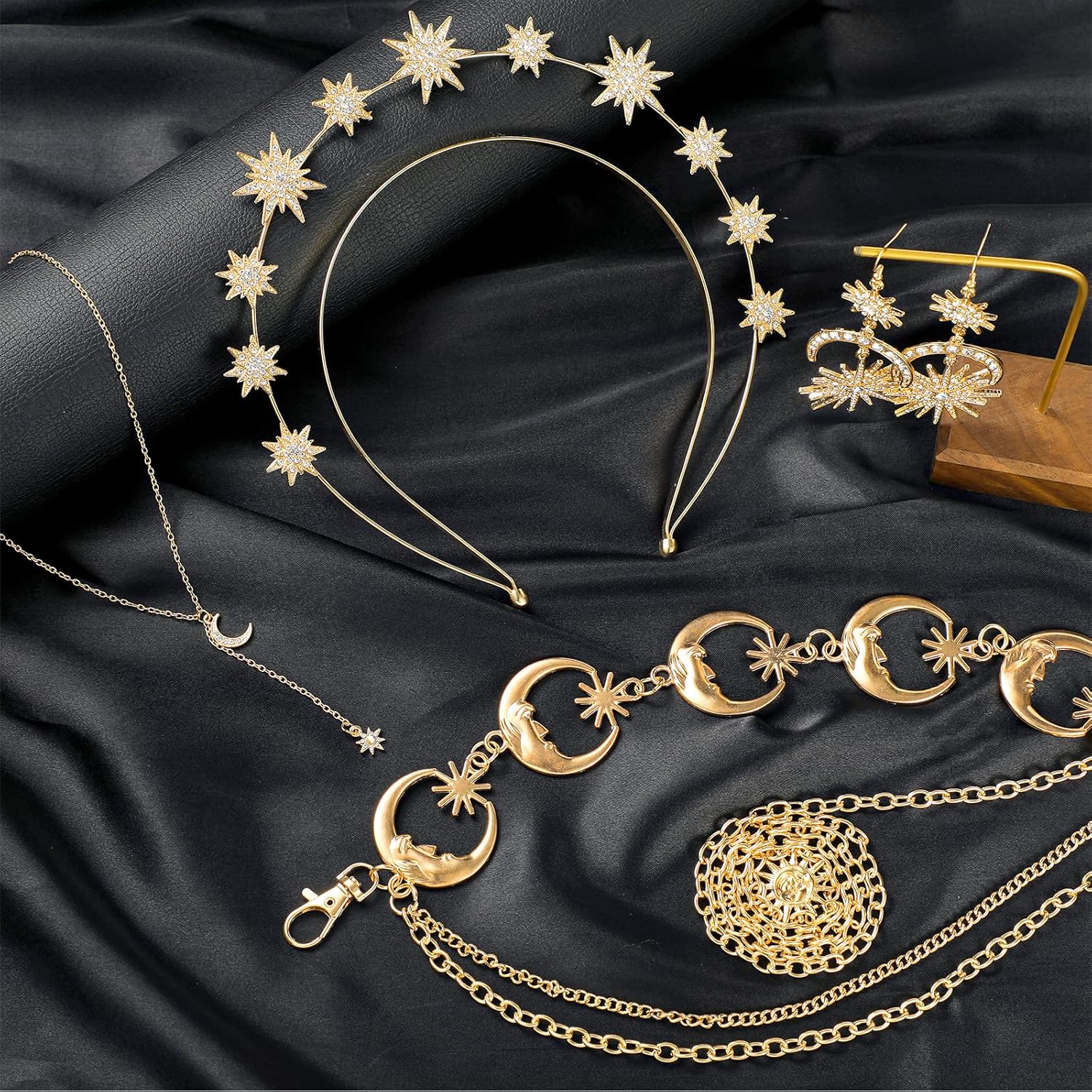 Glenmal 4 Pieces Celestial Jewelry Moon Stars Crown Necklaces and Body Chain Headband Drop Earrings for Women โ image 6