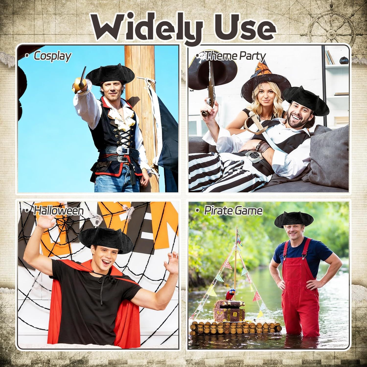 Black Pirate-Hat,Women Tricorn Leather Hat,Men Vintage Wrinkle Pirate Hat for Halloween Party Costume Accessories — image 5