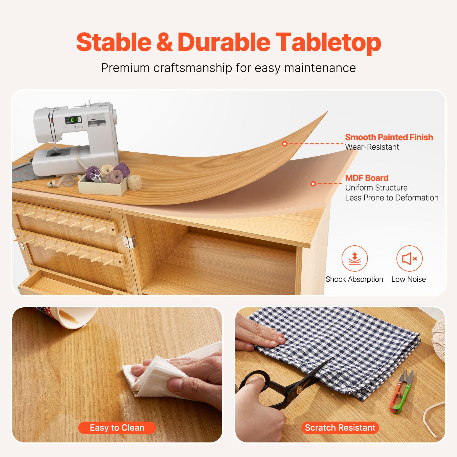 Folding Sewing Table with Lockable Wheels Shelves Trays Door Wood Color โ image 5