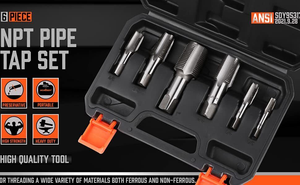 HORUSDY 6Pc NPT Pipe Tap Set Thread Tap Screw Tool 1/8" 1/4" 3/8" 1/2" 3/4" 1" โ image 2
