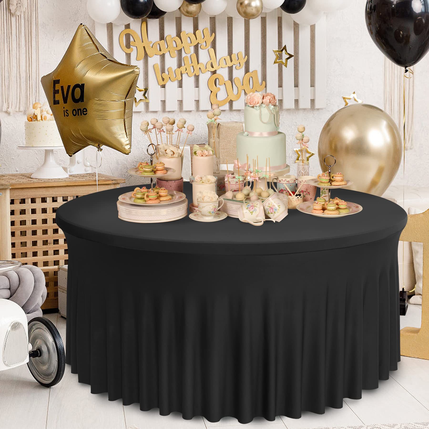 Black Spandex Round Tablecloths 120 inch Fitted for 60 inch Table, Stretchy 5ft Round Tablecloths, Wrinkle Free Round Table Cover โ image 4