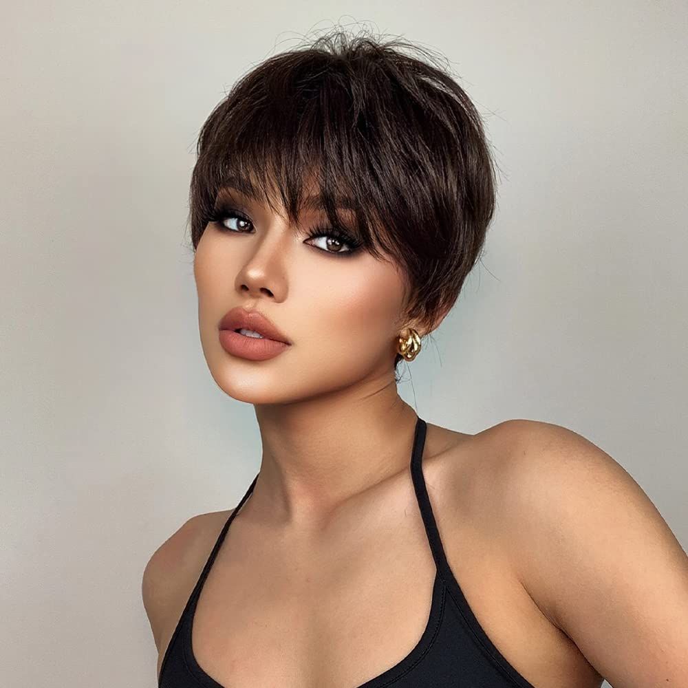 Black-brown Wig With Bangs Synthetic Wigs For Black Women Natural Wave Short Wigs for Women bouncy without fake shine — image 3