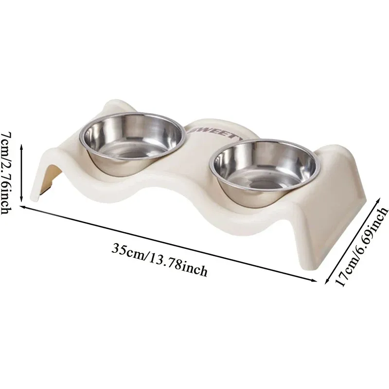 Pet Bowls Stainless Steel Double Bowl Wavy Cat Dog Feeding Dish Nonslip Base - White โ image 4