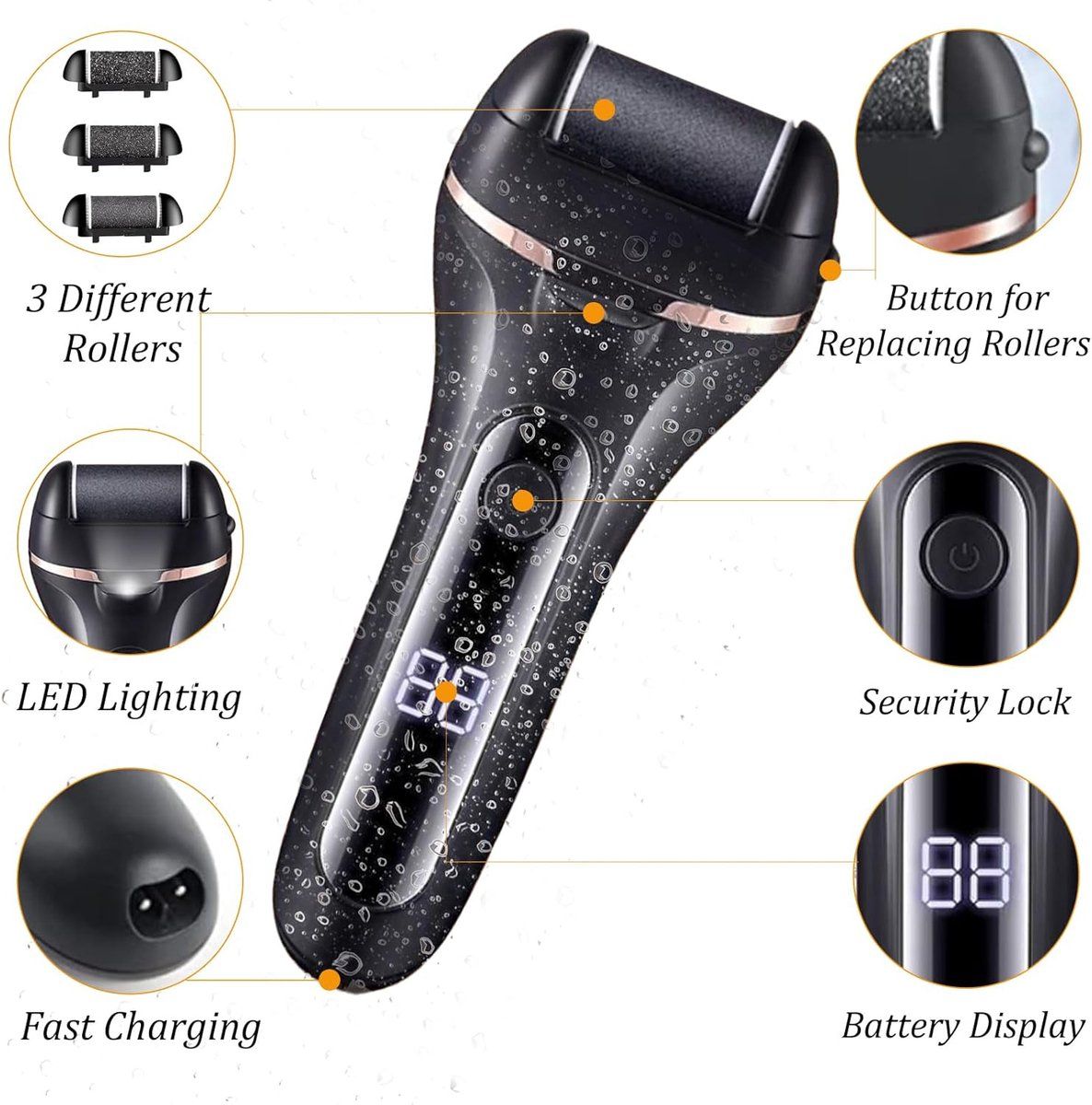 Electric foot file, With 3 roller heads, Rechargeable pedicure set for removing calluses on feet โ image 5