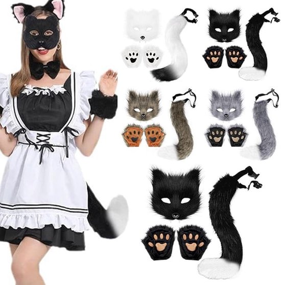 3-Piece Fox Costume Accessory Set – Fluffy Mask, Tail and Gloves – Suitable for Parties & Carnival (Black) — image 2