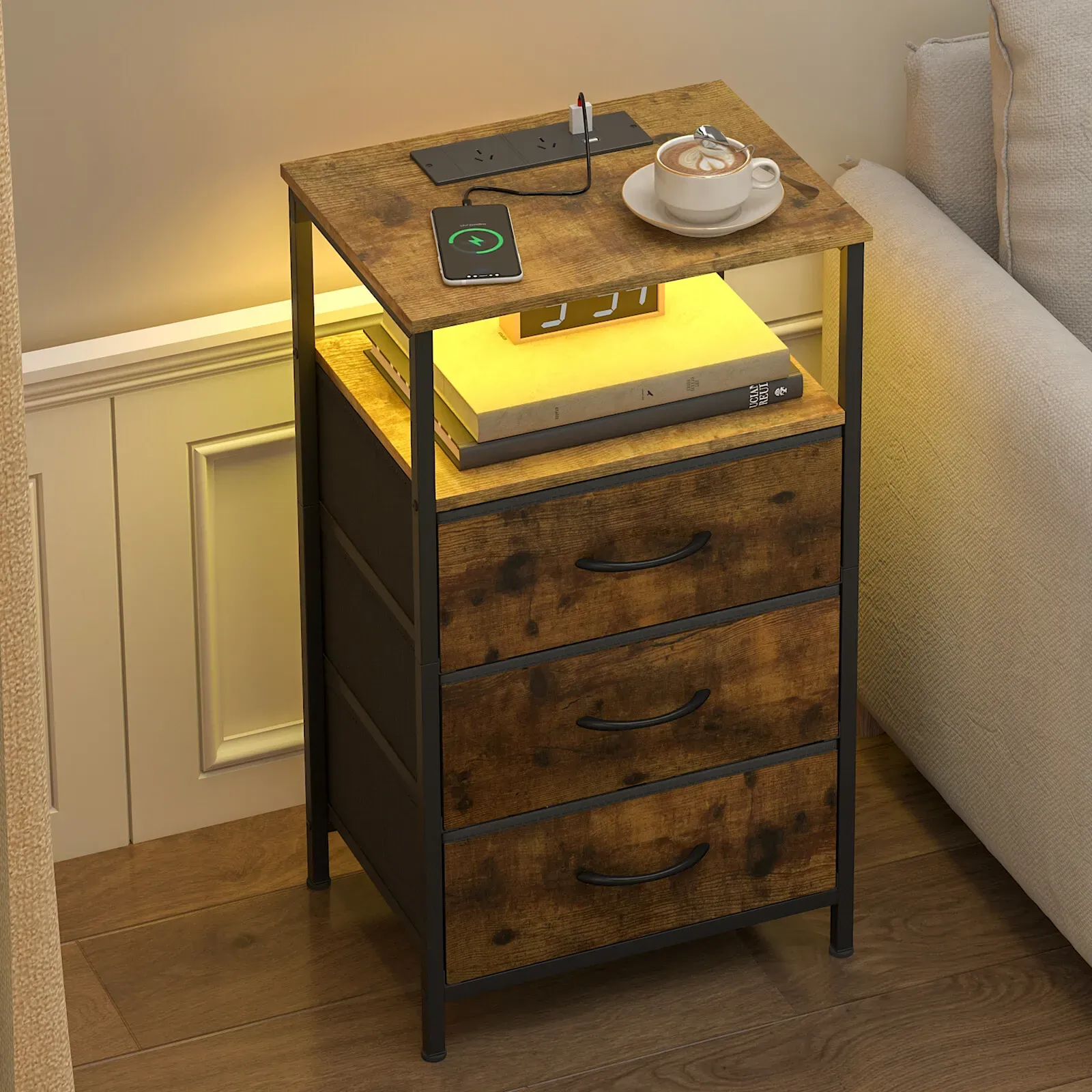 Nightstand with RGB LED Light and Charging Station, Brown, 40x30x70cm โ image 3