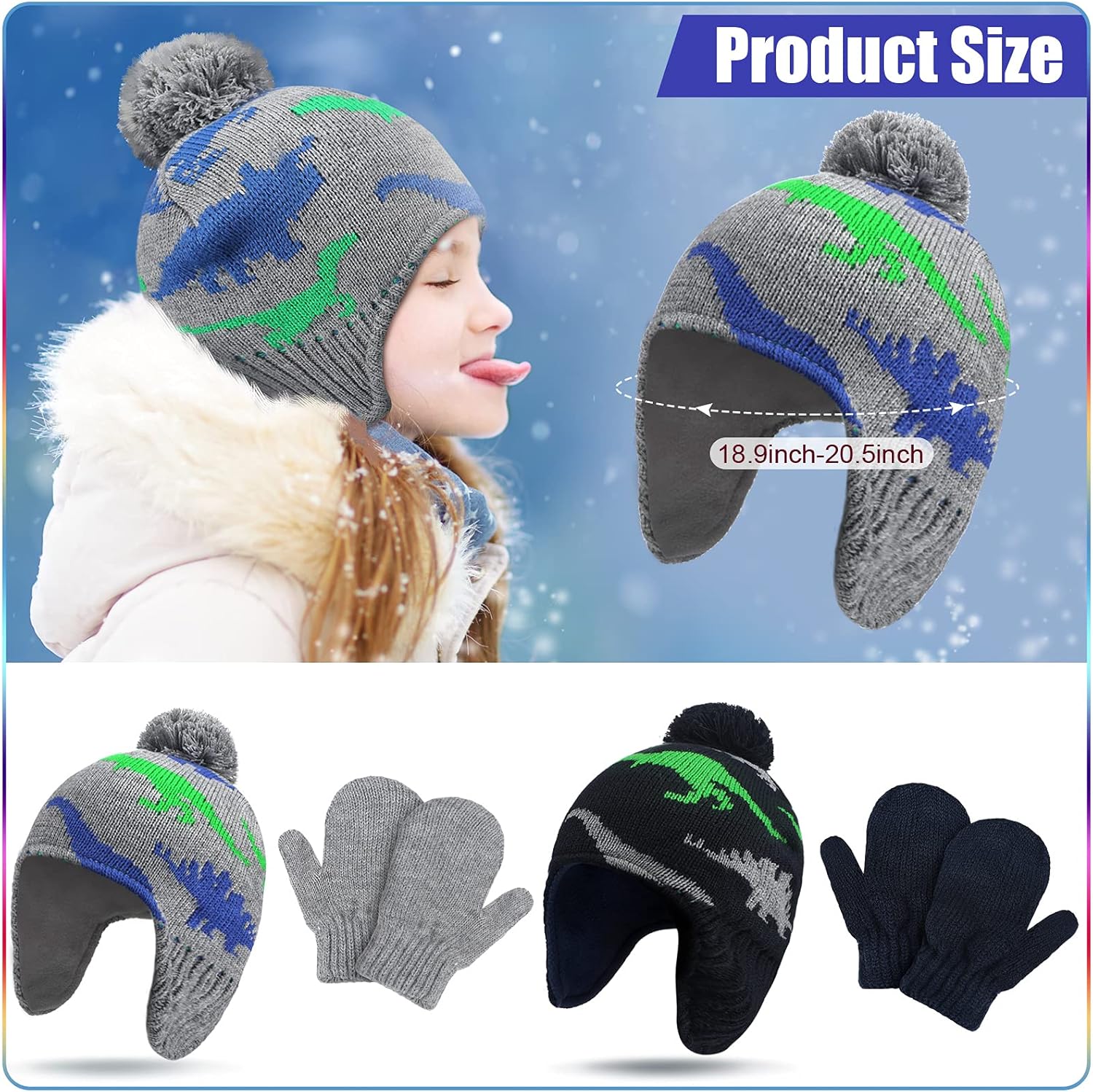 4 PCS Baby Boy Toddler Dinosaur Hat and Glove Set Boys Winter Hat Beanie Kids Gloves Winter Earflap Beanie Fleece Skiing Caps with Warm Ear Flap (Grey, Navy โ image 2