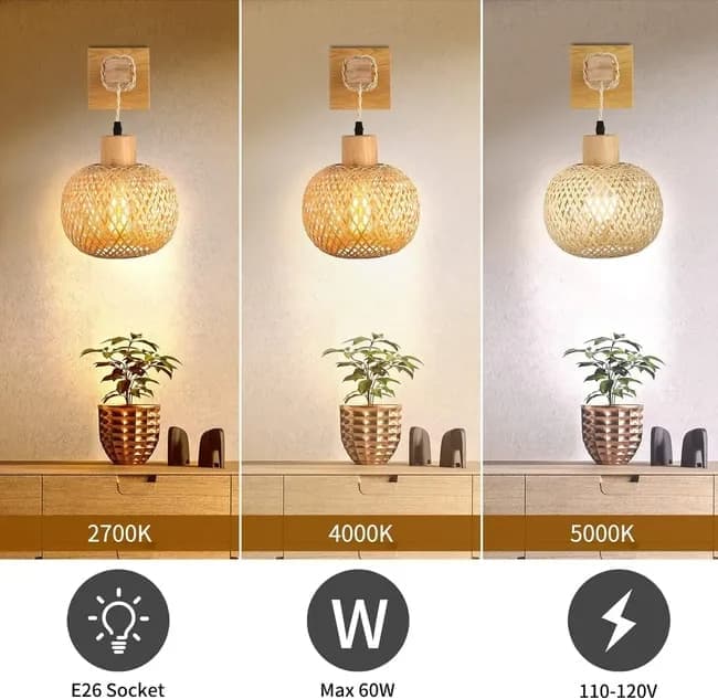 Bamboo wall lamp with lantern shape hand-woven lampshade, E26 lamp base, compatible with bedrooms and living rooms — image 4