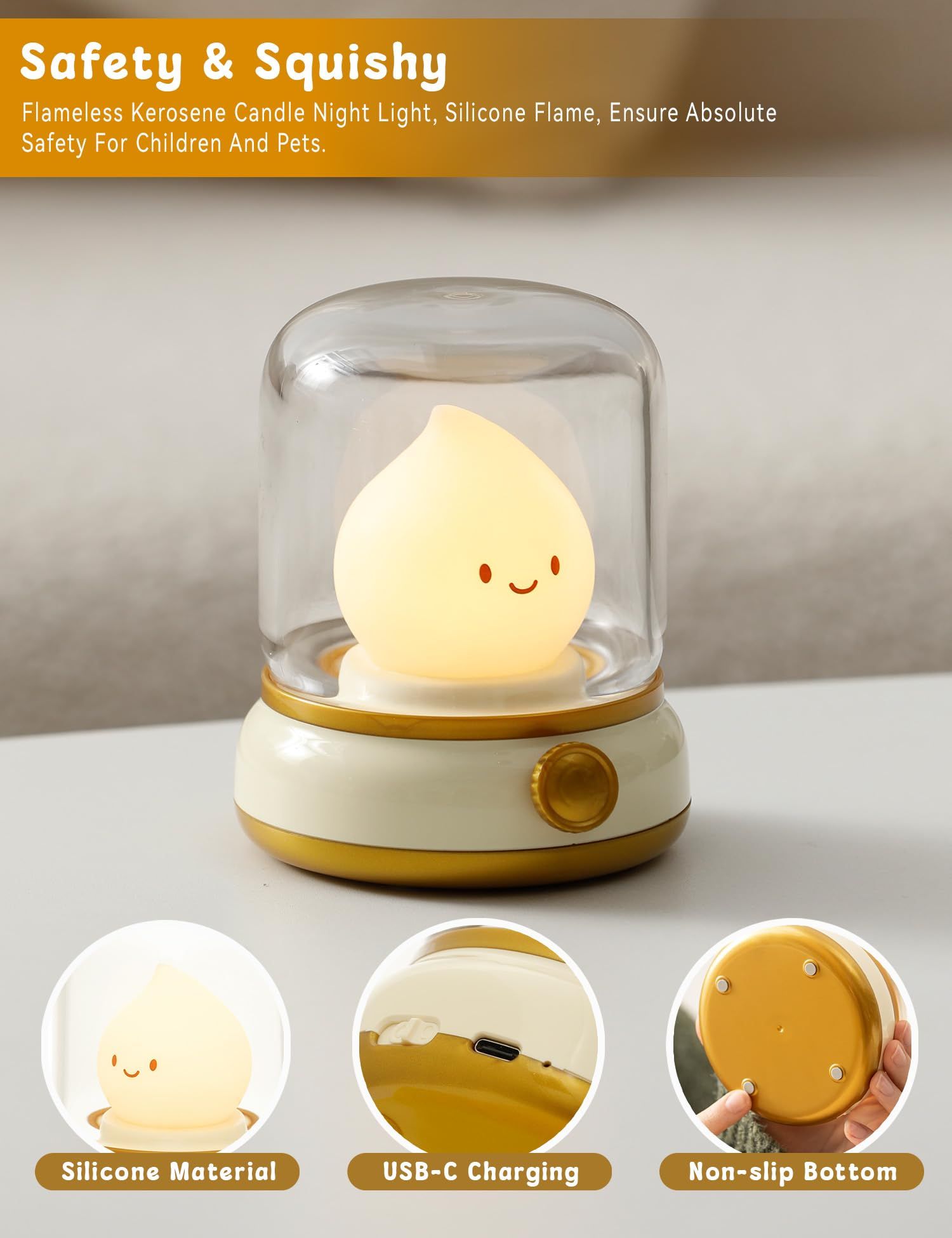 Cute Kerosene Lamp,Silicone Flame Amber Light,Adjustable Dimmable Rechargeable Night Light for Boys,Girls,Teenager Kids Bedroom — image 2