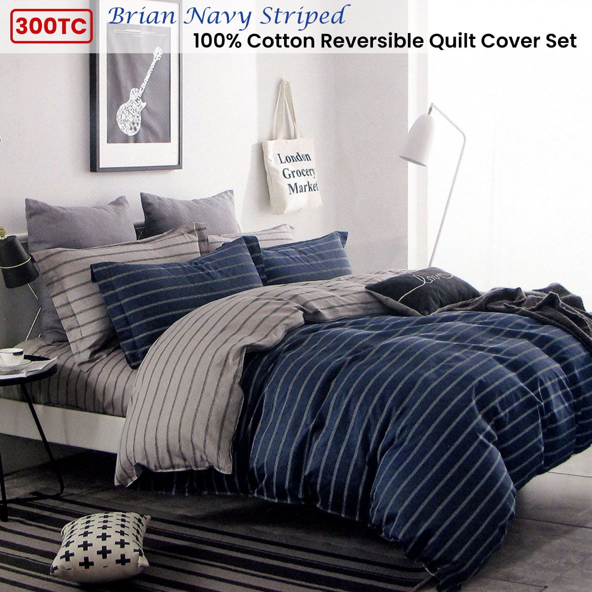 300TC Brian Navy Striped Reversible Cotton Quilt Cover Set Queen — image 2