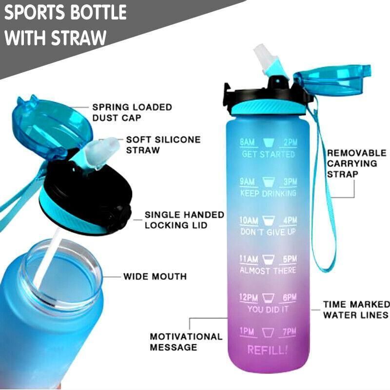 1L Water Bottle Motivational Drink Flask With Time Markings Bpa Free Sport Gym - Green+Purple β image 3