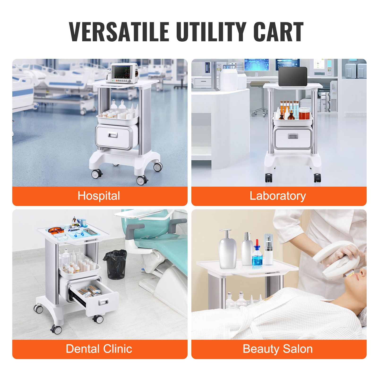 2 Tiers Lab Carts Mobile Medical Cart with 1 Drawer & 1 Top Tray White โ image 6