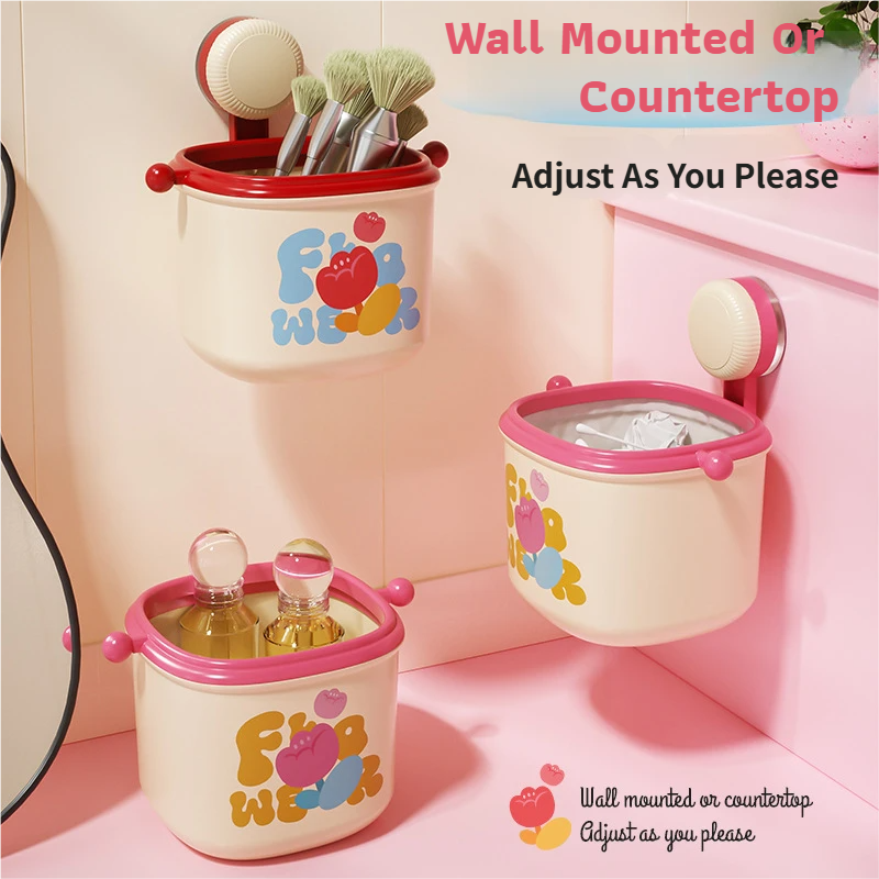 2-Pack Cream Red & Cream Powder Cute Suction Cup Wall-Mounted Trash Bin with Bag Press Ring and Wide Opening - Multifunctional Organizer & Waste Basket for โ image 2