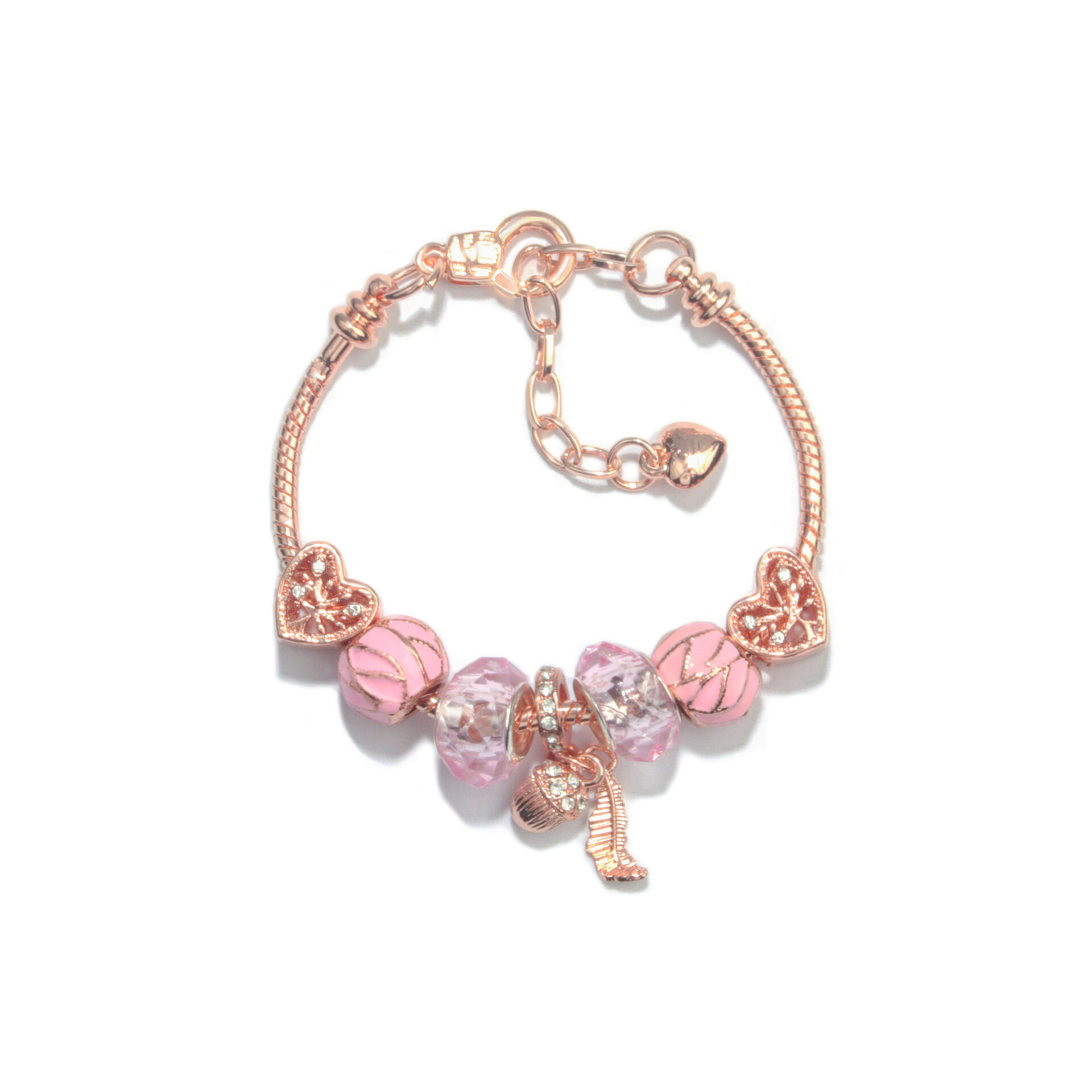 Rose Gold Charm Bracelet with Heart, Crystal, Leaf & Acorn, Colorful Beaded Jewelry for Women(16cm)