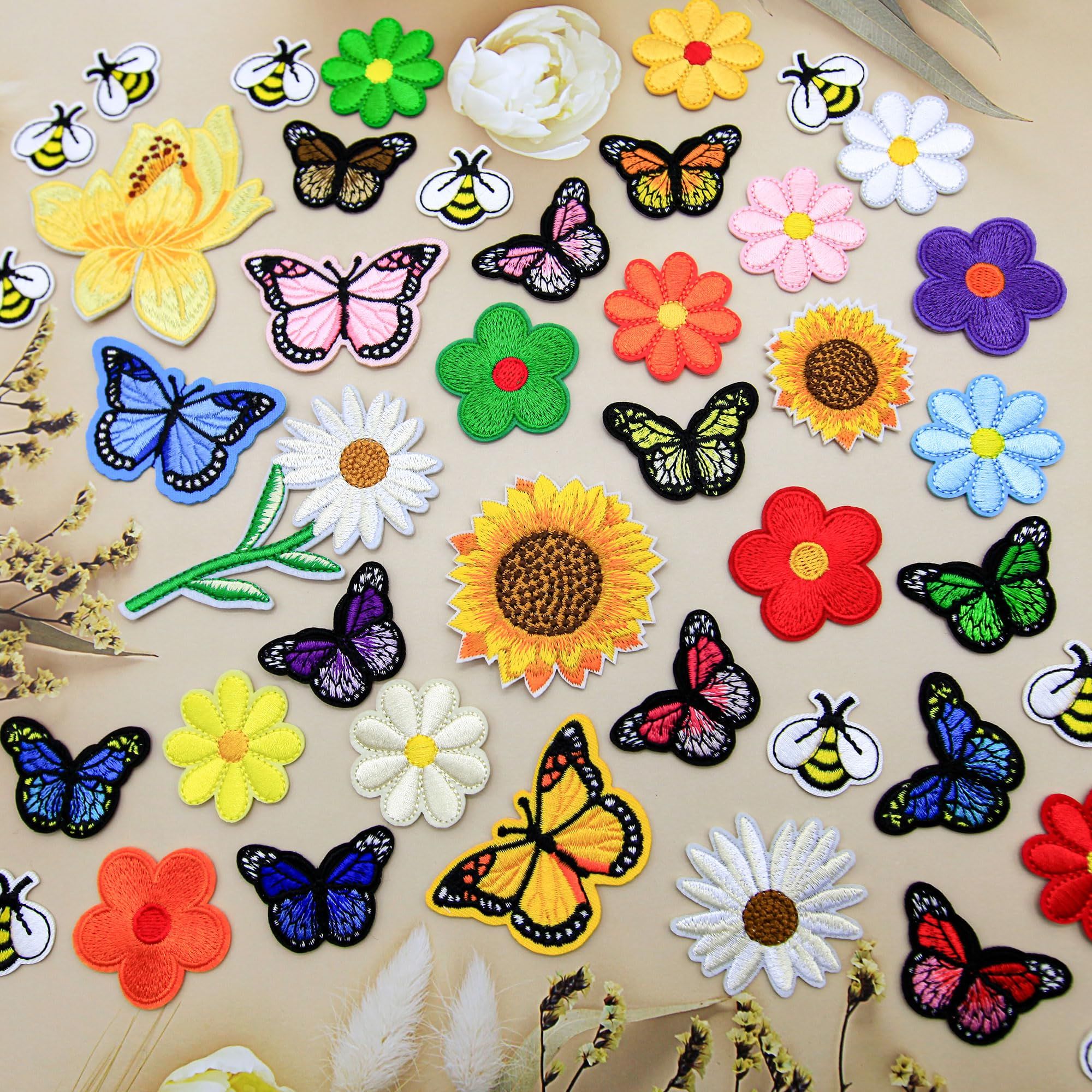 41Pcs Embroidered Flowers Butterfly Bee Iron on Patches Sunflowers Sew on Patch Cute Bumble Daisy Embroidered Applique Decoration — image 3