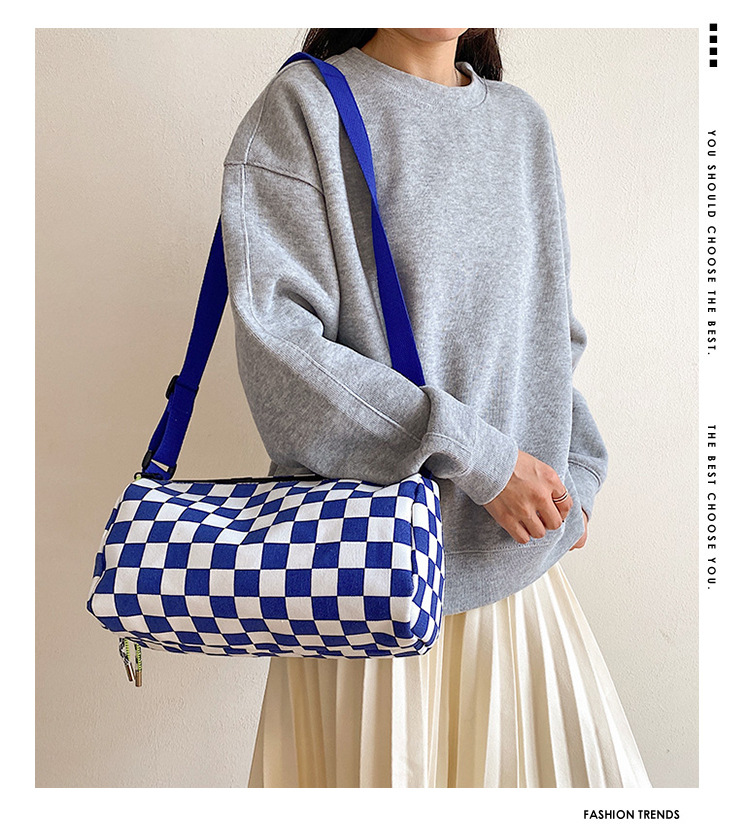 Blue Trendy Checkerboard Boston Bag - Casual Crossbody Shoulder Purse with Wide Strap — image 3