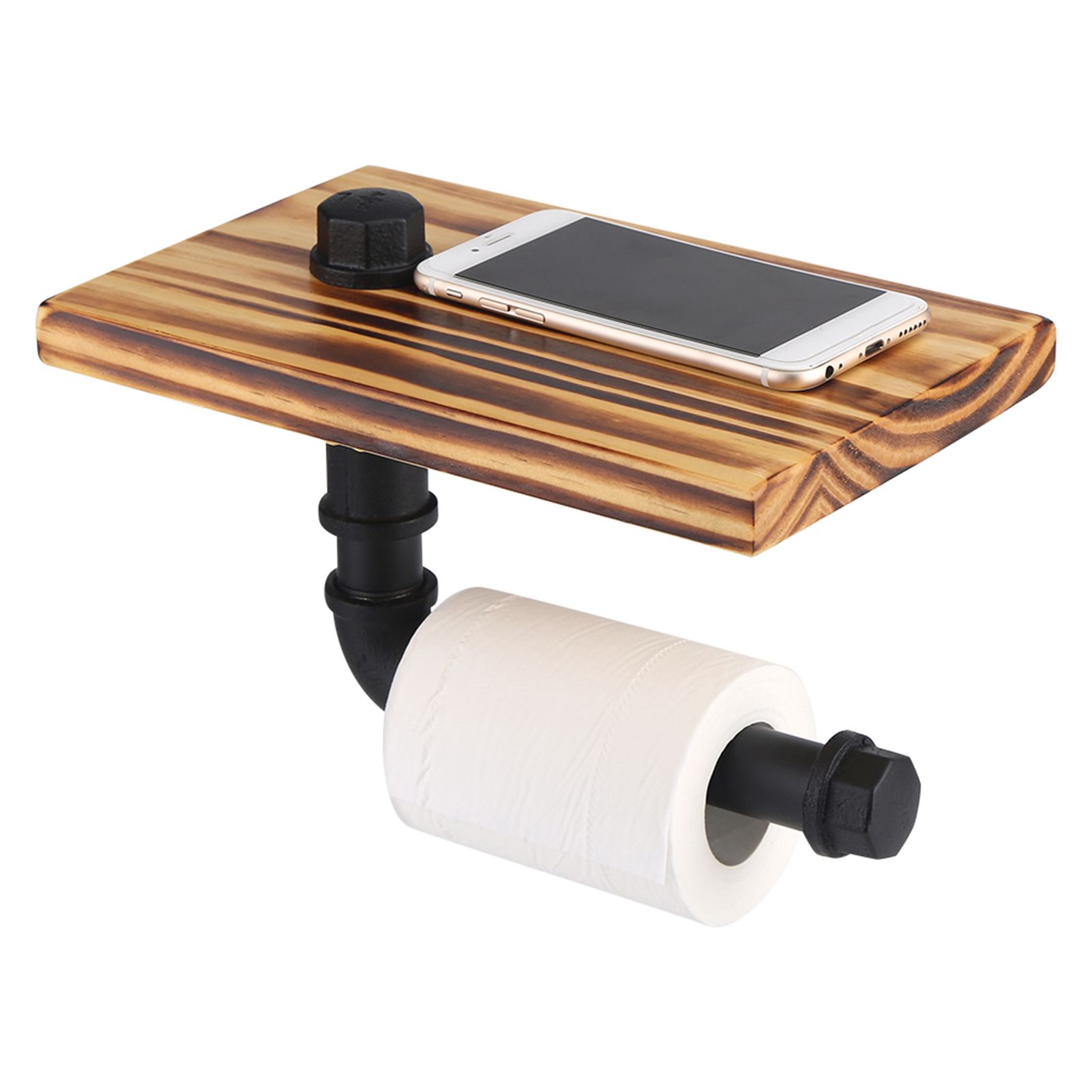 lIron Pipe Wall Mount Paper Holder Rack Wood Shelf Bathroom Toilet — image 5