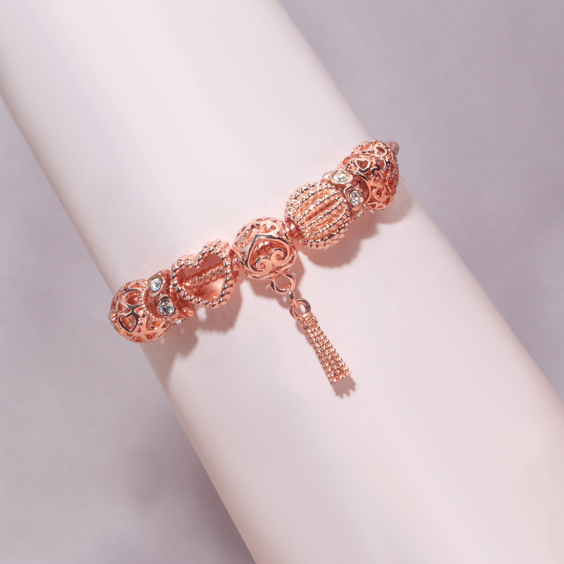 Rose Gold Hollow Carved Heart Bead Tassel Bracelet(17cm) โ image 3