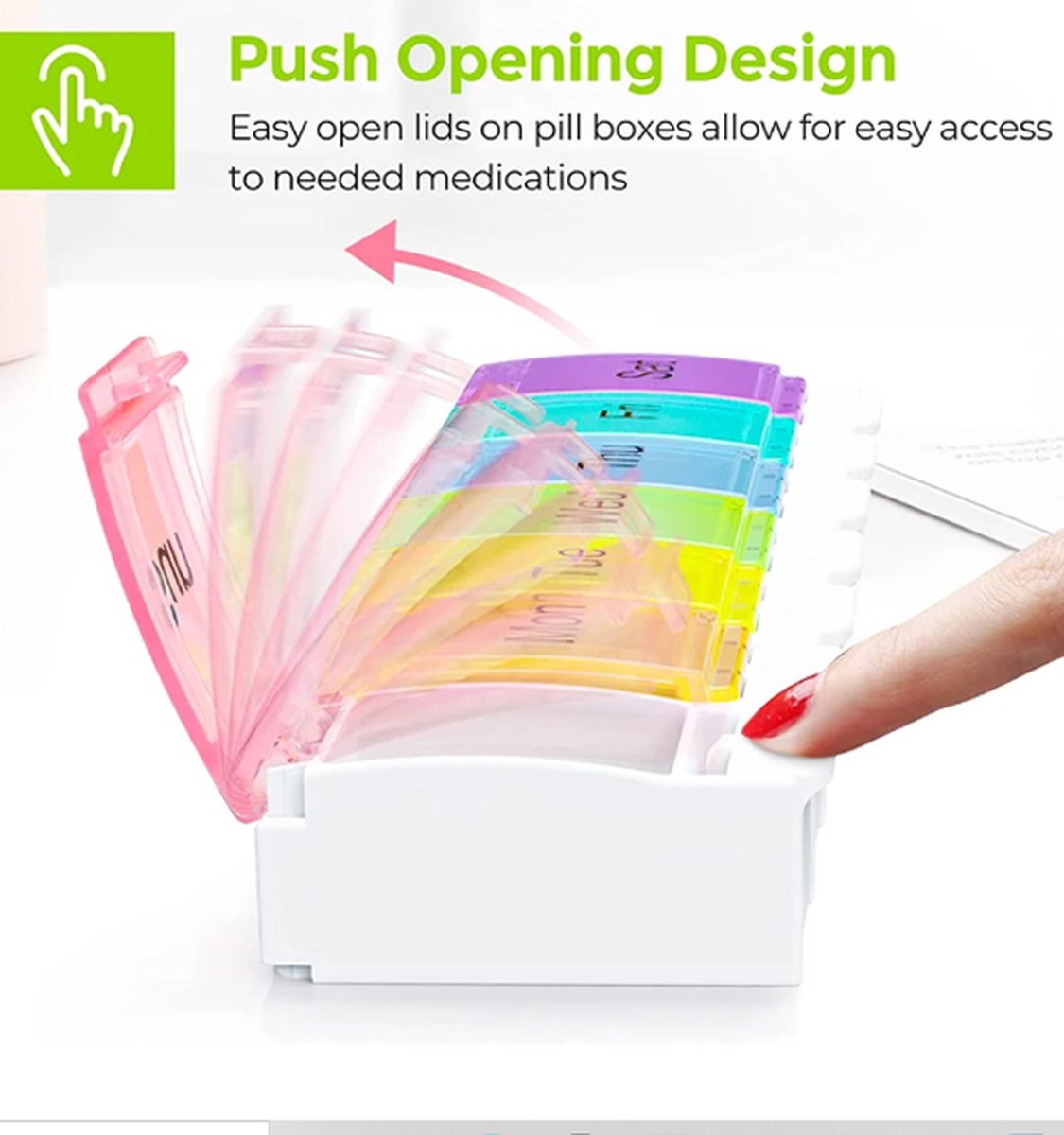 XXL Pill Box | Small Pill Box | Medicine Box | Pill Box | Sunday to Saturday | 7 Days | 1 Week | Push Button | Multicolor — image 5