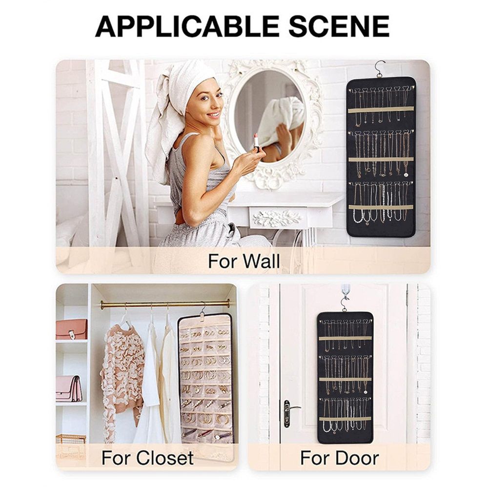 48 Pocket Oxford Fabric Double Sided Hanging Rotating Jewelry Organizer with Hanger Hooks for Earrings, Necklaces, Rings, Bracelets and Other Jewelry — image 5