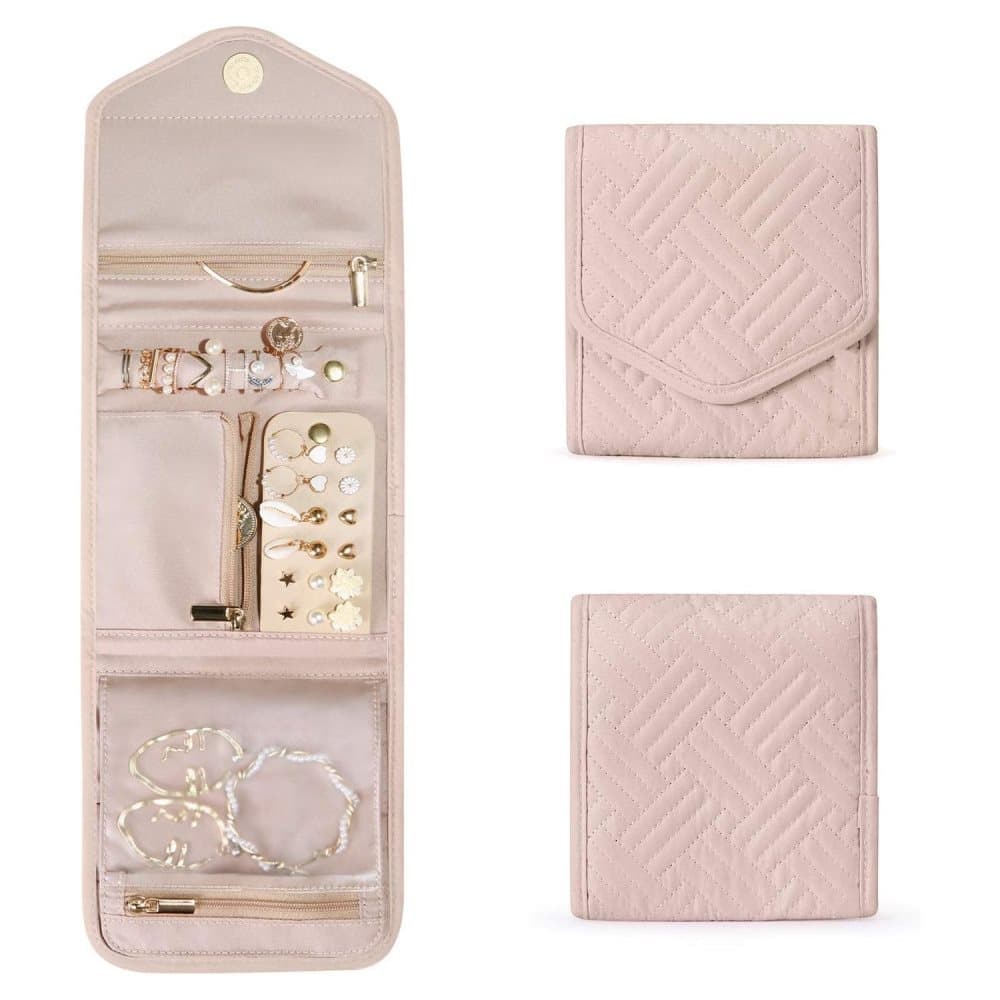 Pink Travel Jewelry Box with Compartments, 15cm, Compact Jewelry Storage Bag Easy to Carry in Your Bag