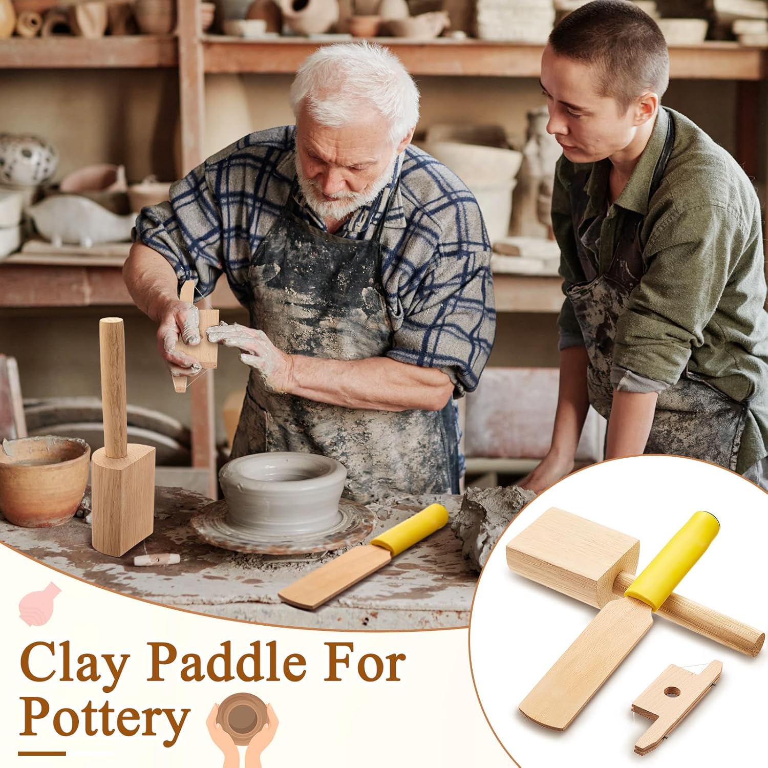 3 Pieces Pottery Clay Tools Set Includes Wooden Paddles Sculpture Pad Bevel Cutter for Angle Cutting Tool Paddle Ceramics Trimming — image 5
