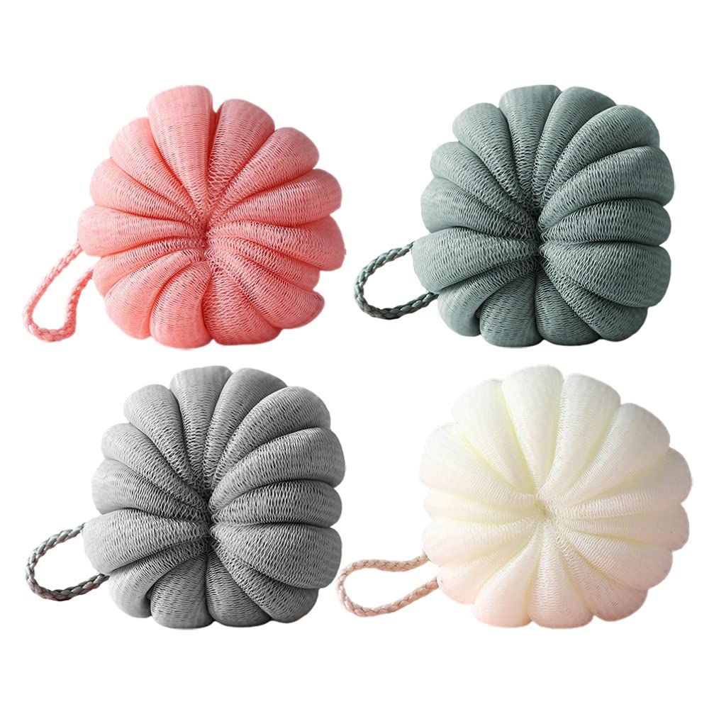 Shower Loofah Balls Bath Sponge Shower Loofah 4Pcs Pumpkin Shower Ball Mesh Pouf for Body Women Men Foaming Making Bath Sponge
