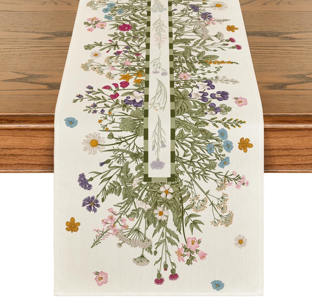 Vintage Wildflowers Daisy Spring Table Runner,Seasonal Summer Floral Kitchen Dining Table Decoration for Home Party Decor 13x72 Inch