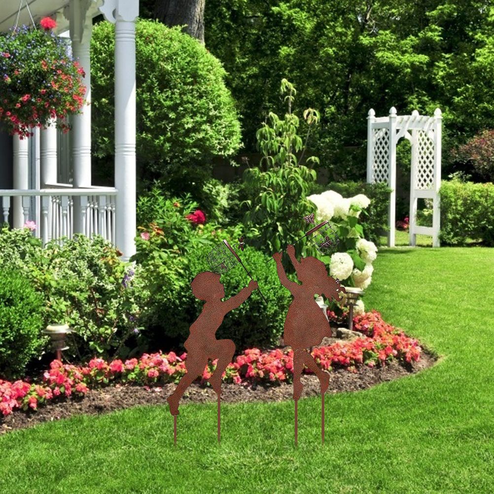 1 Pair Boy Girl Catching Butterfly Metal Decorative Garden Stakes Outdoor Garden Decor Boy Girl Silhouette Yard Stakes Spring Decor โ image 4