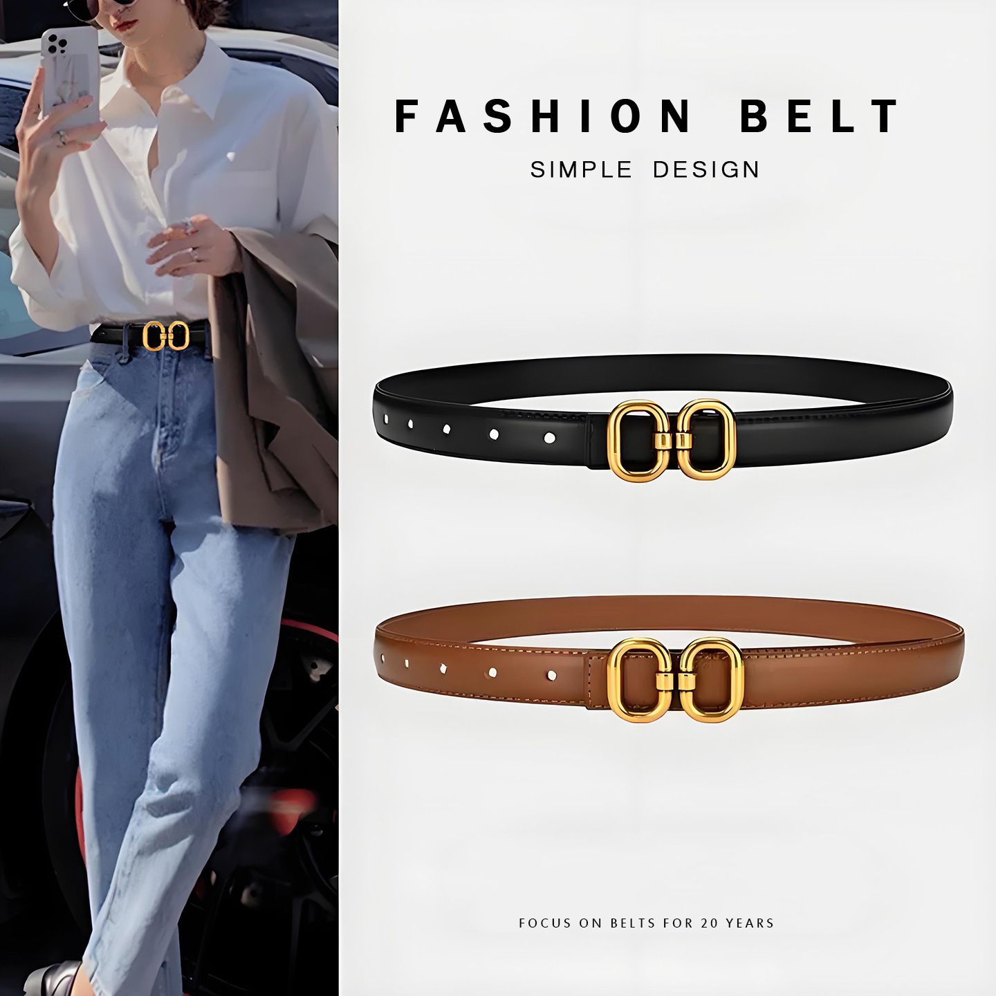 Genuine Leather Women‘s Belt 2-Pack - Classic Black & Dark Brown Dress Belt for Women - Trendy Casual Waist Belt for Jeans Trousers - 100cm — image 2