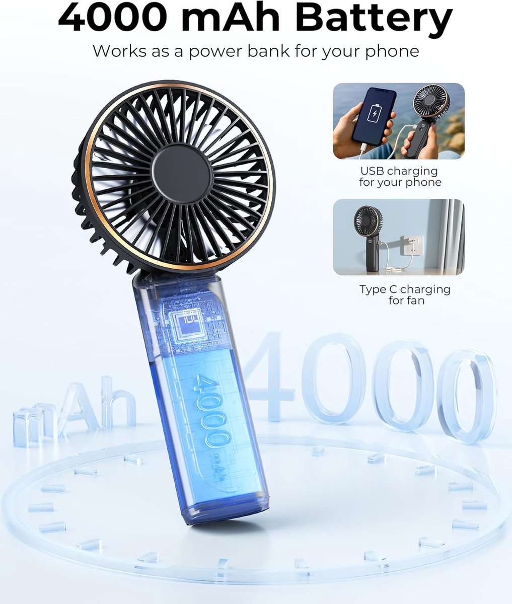 Handheld Fan - Mini Portable Fan - Rechargeable - Power Bank - 6 Settings - Black โ image 2