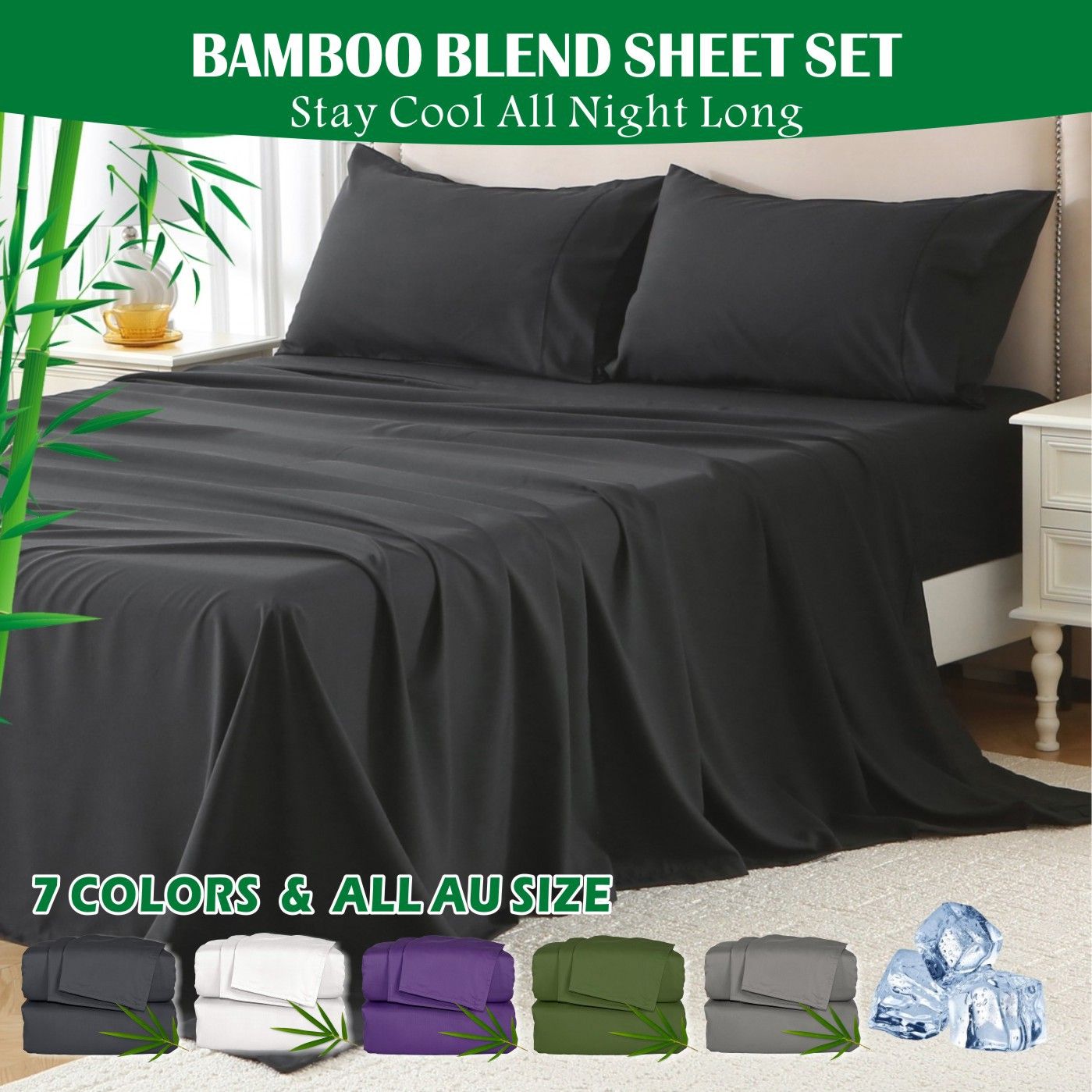3 Piece Hotel Bamboo Cooling Sheet Set -Ultra Soft 2000TC Breathable Bed Sheets Set with 37 Centimetre Deep Pocket-Cooling Sheets for Hot Sleepers(Black,King