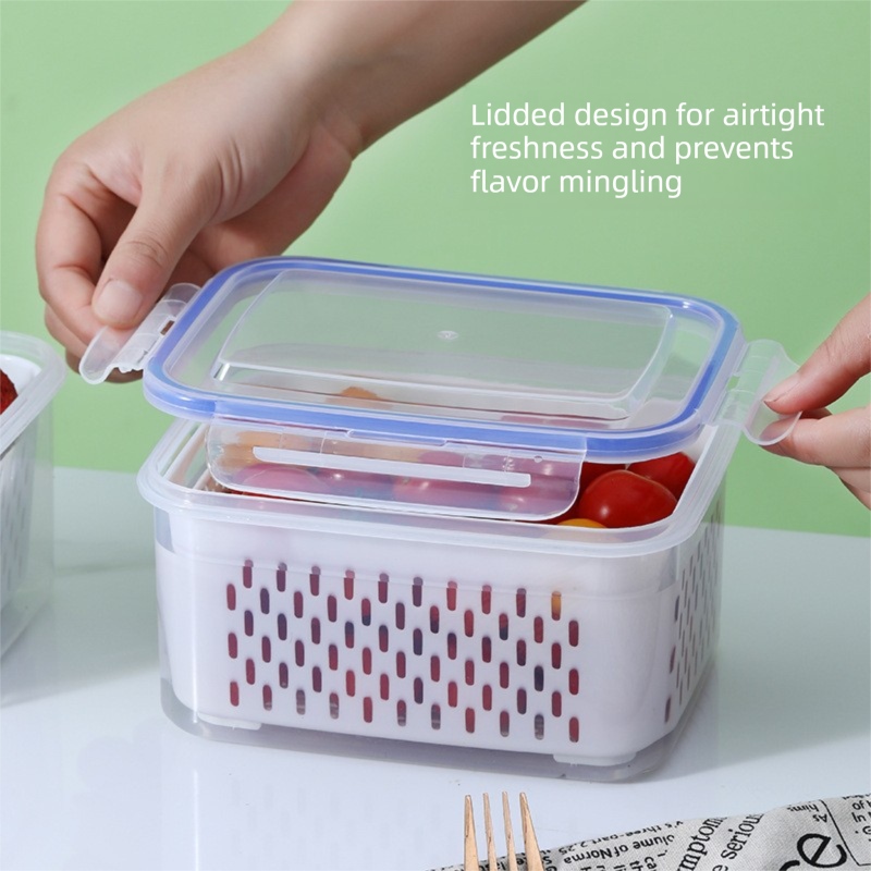 Blue 3-Piece Refrigerator Food Storage Container Set with Drain Basket and Airtight Lid 850ml 1750ml 3300ml Stackable Produce Saver for Local Homes — image 2