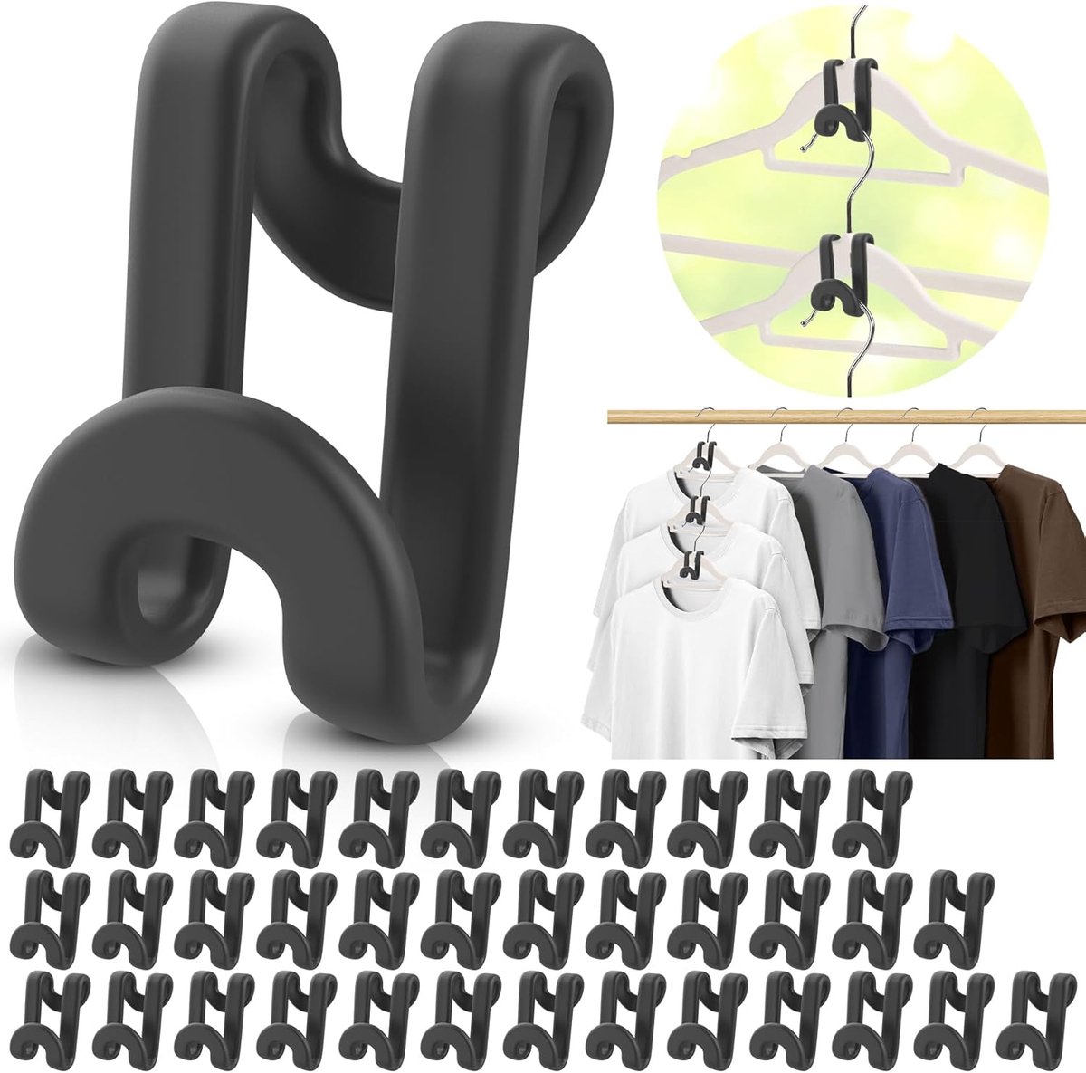 Hanger Hooks | Hooks - S-Hook Hangers - Black - Pack of 100 - Coat Hooks - Space-Saving Hanger Connector Hooks - Plastic Hanger Connectors - Ideal for