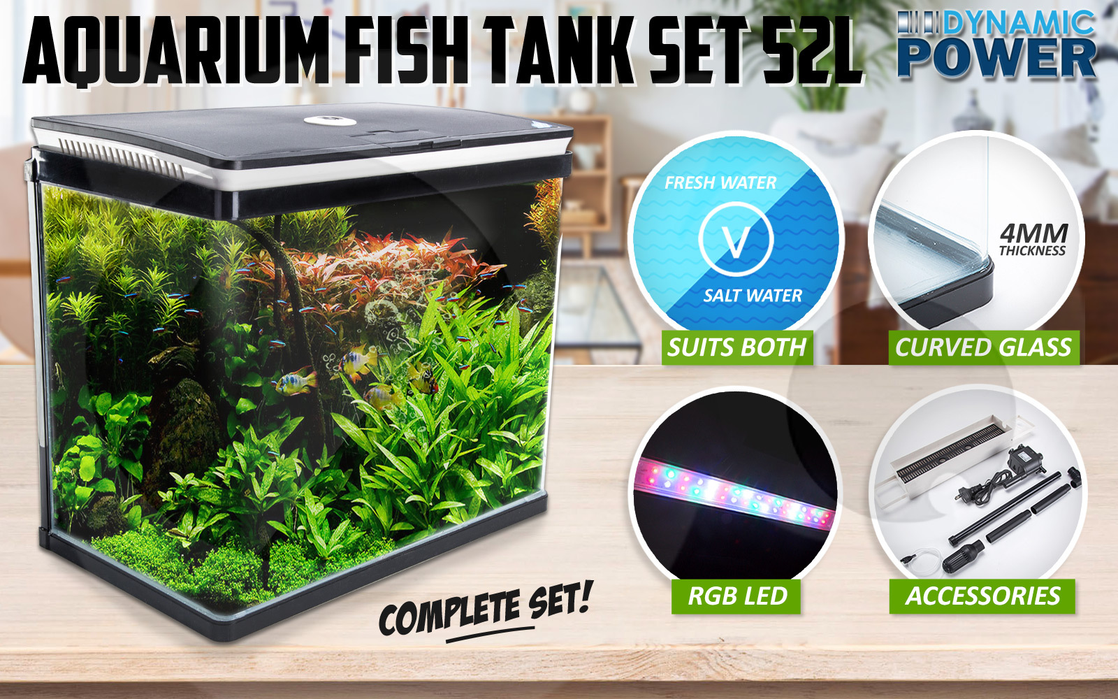 Aquarium Curved Glass RGB LED Fish Tank Set Filter Pump 52L โ image 2