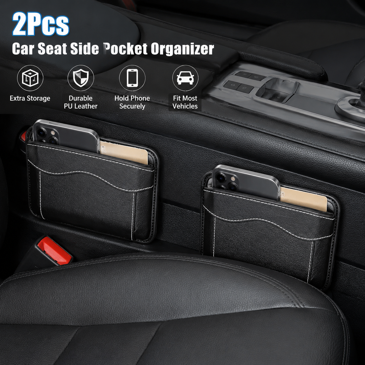 2Pcs Car Seat Side Pocket Organizer, PU Leather Mini Vehicle Phone Holder Storage Bag, Automotive Interior Tray Pouch Seat Gap Filler Accessories, Universal