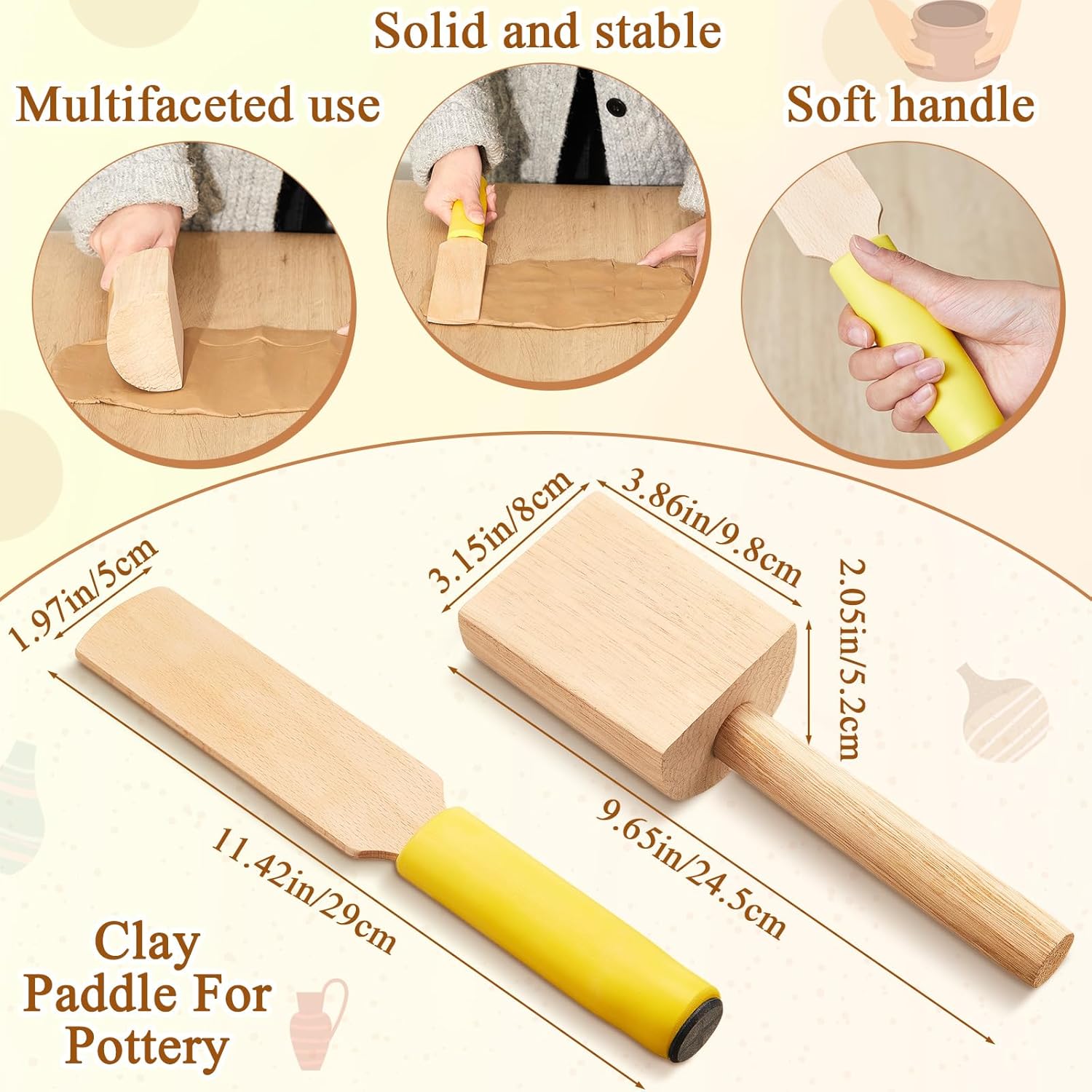 3 Pieces Pottery Clay Tools Set Includes Wooden Paddles Sculpture Pad Bevel Cutter for Angle Cutting Tool Paddle Ceramics Trimming — image 2