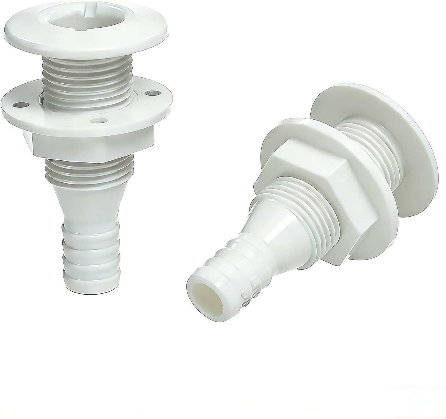 2 Pack Marine Through Hull Fittings, White Boat Drain and Hose Connectors for Water Tanks, Bilge Systems and Marine Plumbing, 1.6 cm