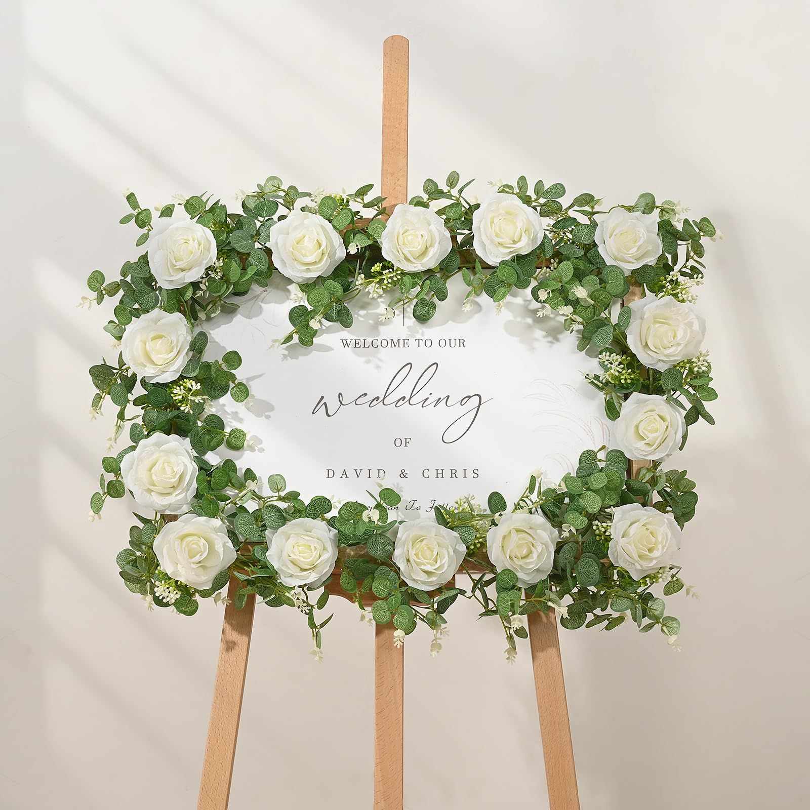 2 Packs 175cn Eucalyptus Garland with Flowers - 6White Roses, Artificial Flower Fake Rose Vine Faux Greenery for Wedding Backdrop Arch Table Wall Party Home — image 3