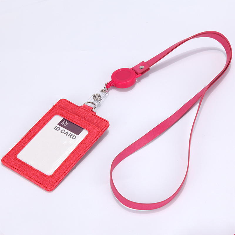 Retractable ID Badge Holder with Lanyard, PU Leather Work Card Holder for Office Staff Nurse Teacher Student ID Card- Red