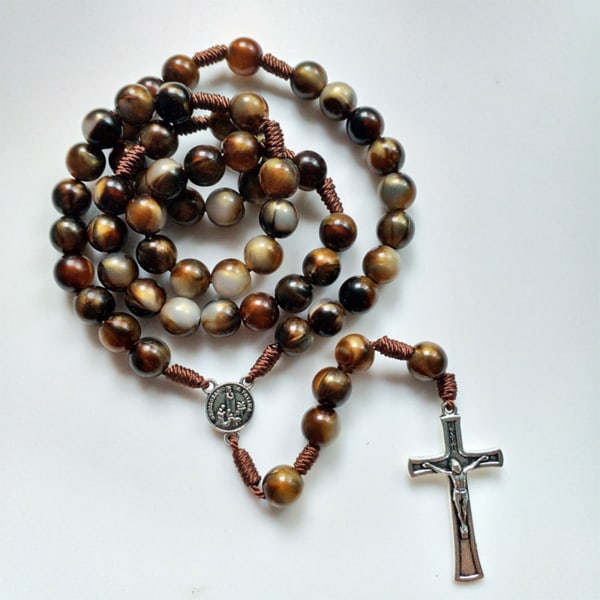 Crucifix Rosary Beads Necklace Medal Chain Pendant Necklace Brown Acrylic Beads Long Chain Pray Jewelry Gift — image 2