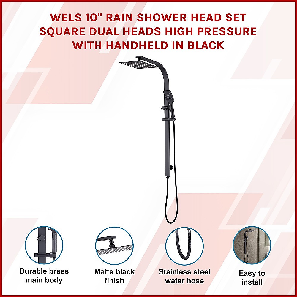 WELS 10" Rain Shower Head Set Square Dual Heads High Pressure with Handheld in Black โ image 3