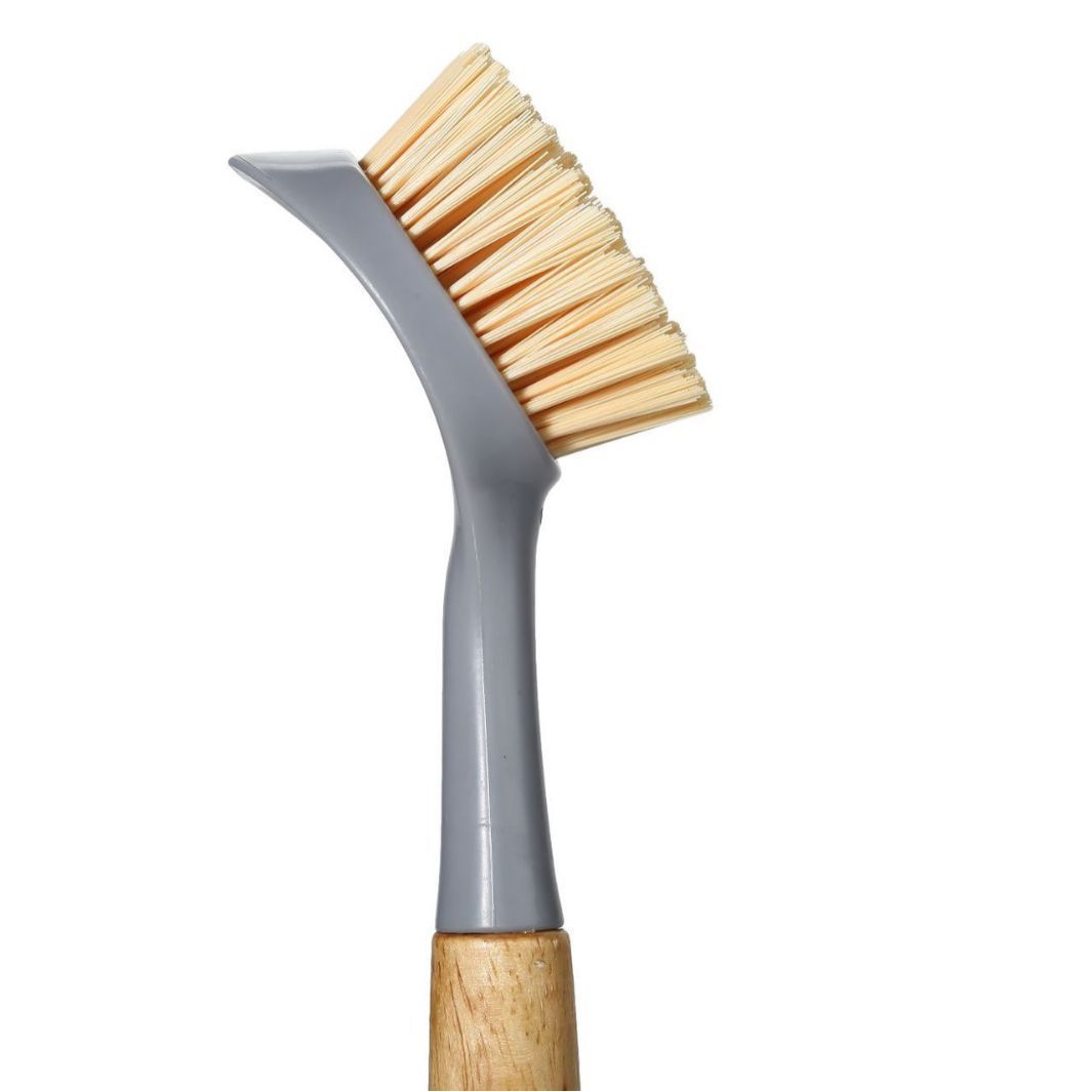 2 Pack Kitchen Dish Brush Bamboo Handle Dish Scrubber Built-in Scraper, Scrub Brush for Pans, Pots, Kitchen Sink Cleaning