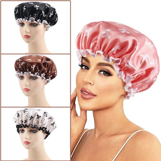 Double Layer Waterproof Shower Cap for Women & Girls – Reusable, Elastic & Comfortable with Print (White) — image 4