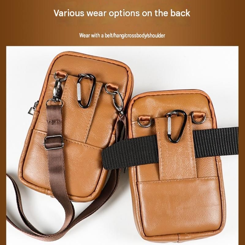 Black Leather Belt Phone Pouch - Multi-Pocket Waist Bag with Shoulder Strap, Durable Zipper Closure for Work, Cycling & Daily Carry — image 3